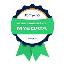 Det har tittelen "Fornye.no" og inkluderer frasene "MOBILT BREDBÅND" og "MYE DATA", med årstallet "2024". Det representerer en pris for beste mobilt bredbånd i kategorien "mye data" fra nettstedet Fornye.no.